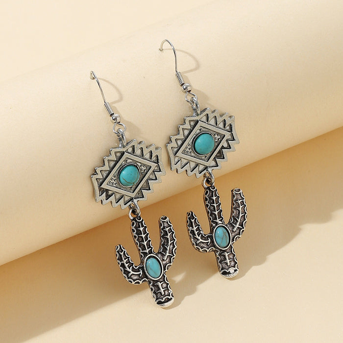 Wholesale Earrings Alloy Carving Pattern Cactus Turquoise JDC-ES-Saip086