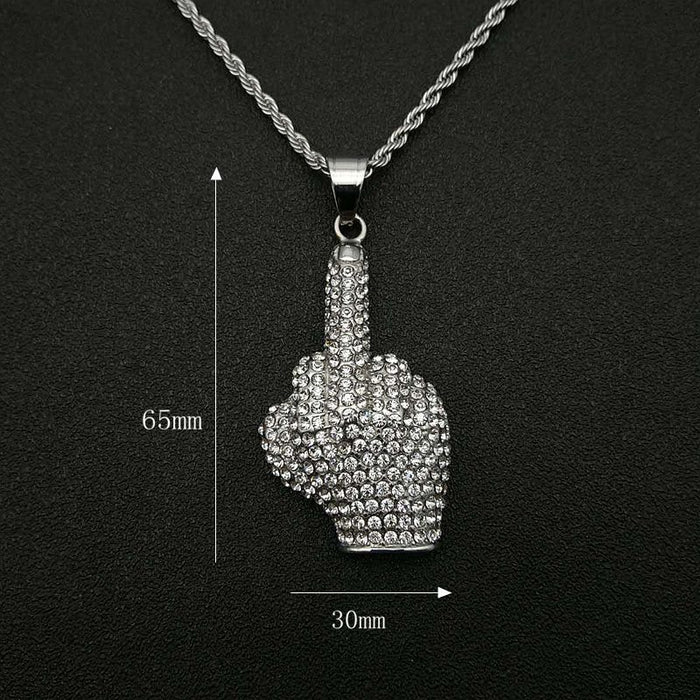 Wholesale Titanium Steel Gold Plated Diamond Fist Middle Finger Pendant Necklace JDC-NE-PREMFY012