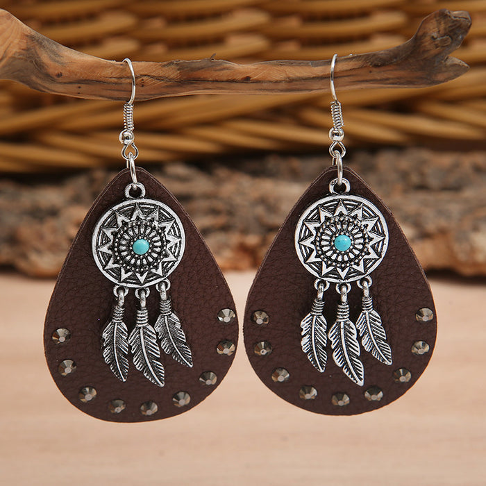 Wholesale Earrings Alloy Leather Turquoise Feather Earrings JDC-ES-Saip063