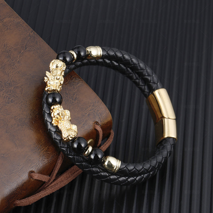 Wholesale Democratic Style Braided Leather Beaded Stainless Steel Mens Leather Bracelet JDC-BT-ZiGe007