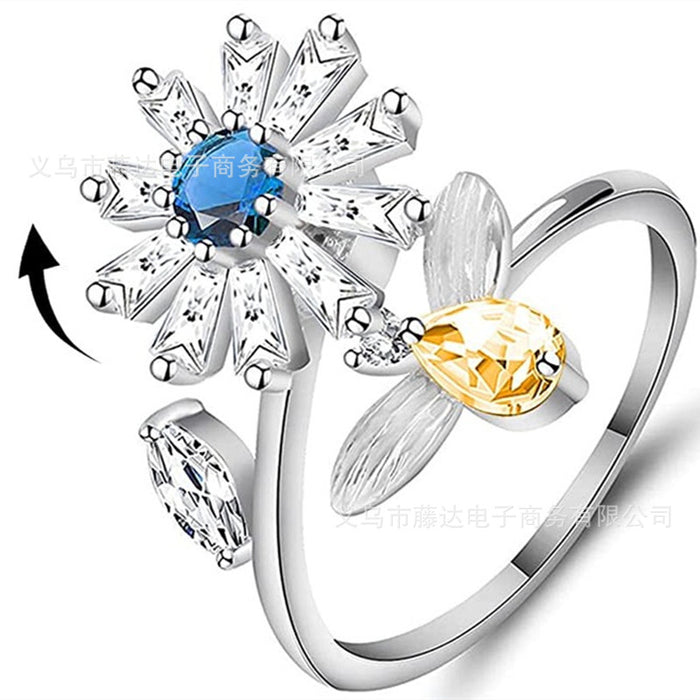Wholesale Zircon Rotating Flower Small Bee Adjustable Copper Ring MOQ≥2 JDC-RS-TengD001