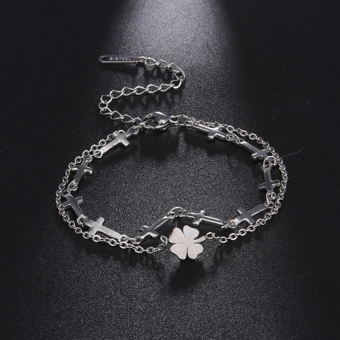 Wholesale Bracelet Stainless Steel Clover and Cross Chain Double Layer JDC-BT-QiJu010