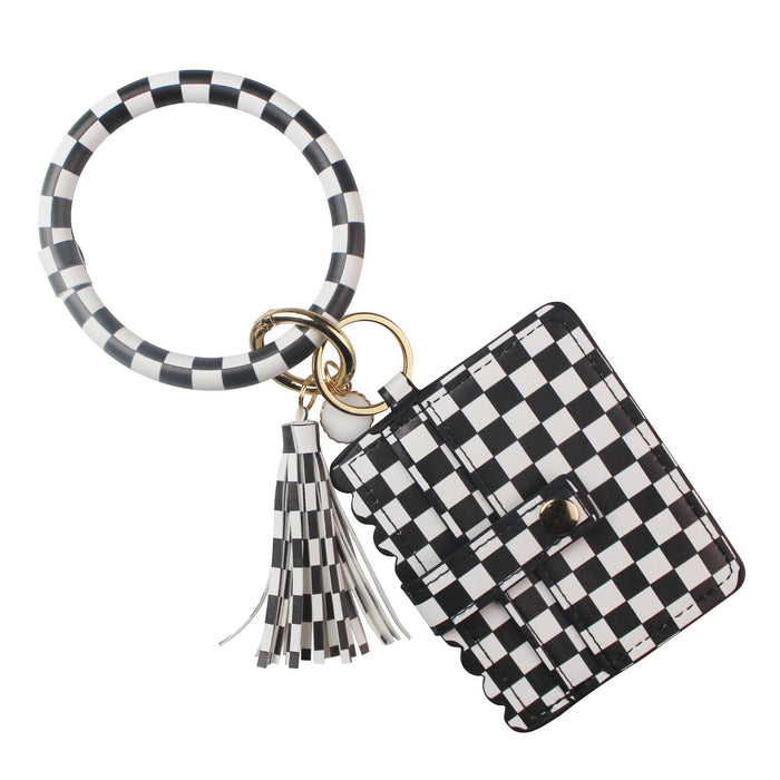 Wholesale PU Leather Tassel Card Holder Sunflower Checkerboard Wristlet Keychain MOQ≥2 JDC-KC-YTian001