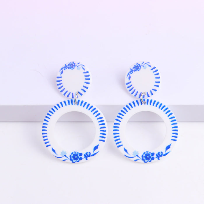 Wholesale blue and white porcelain series simple acrylic print earrings MOQ≥2 JDC-ES-DUAI018