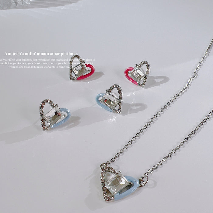 Wholesale Crystal Heart Shaped Silver Needle Alloy Earrings Necklace JDC-ES-Qiant003