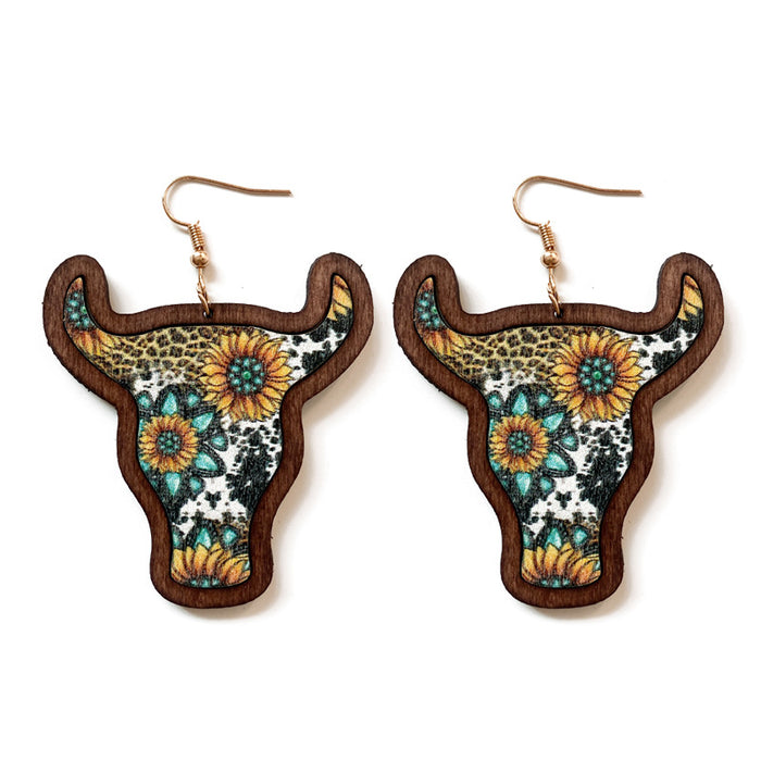 Wholesale Earrings Wooden Vintage Boho Bull Head Inlaid Print MOQ≥2 JDC-ES-Qunyi024