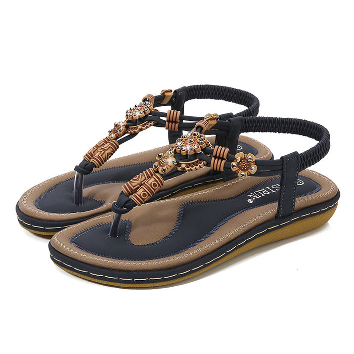 Wholesale Sandals Boho Wood Beads Braided Plus Size Flat Casual Shoes JDC-SD-LinDa003