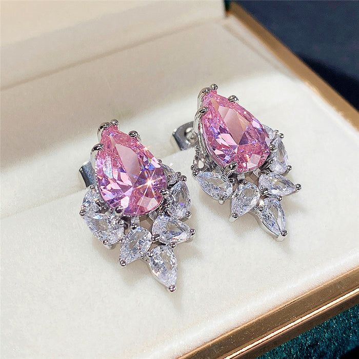 Wholesale Pink Diamond Drop Shaped Zircon Copper Earrings MOQ≥2 JDC-ES-CaoS032