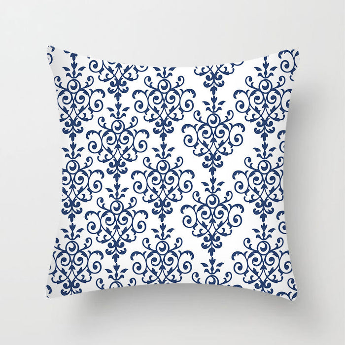 Impresión geométrica al por mayor abstracto de porcelana azul y blanca Piel de durazno Casa de almohada MOQ≥2 JDC-PW-XIANGREN002