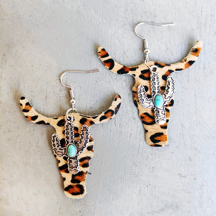 Wholesale Earrings Leather Leopard Cow Cow Cactus 2 Pairs JDC-ES-HeYi070