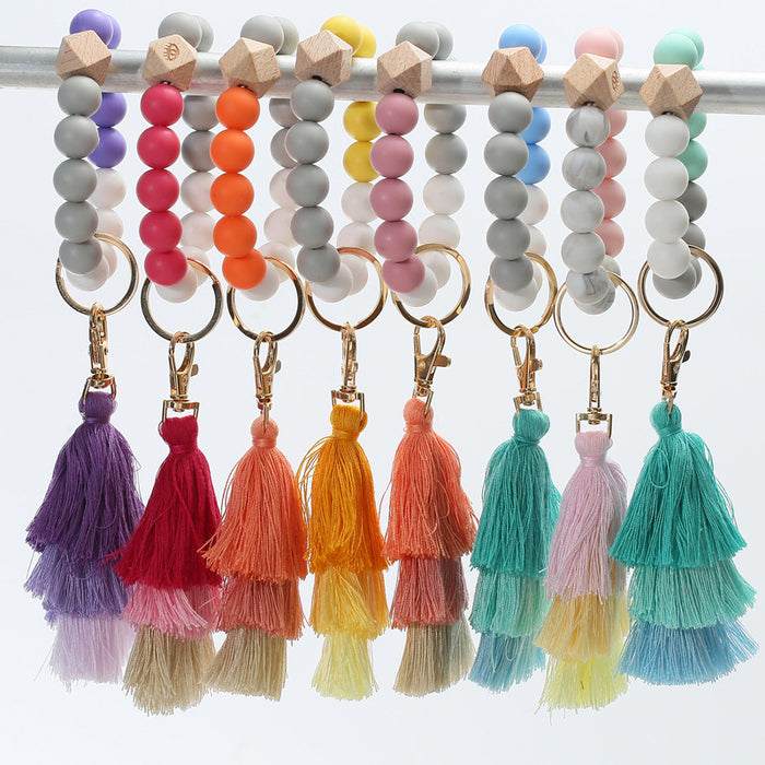 Wholesale Keychains Alloy Silicon Beads Wood Gradient Tassel MOQ≥2 JDC-KC-XiaYang001