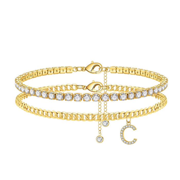 Wholesale Double Layer 26 Letter Claw Chain Anklet Tennis Chain with Diamonds JDC-AS-JinM002
