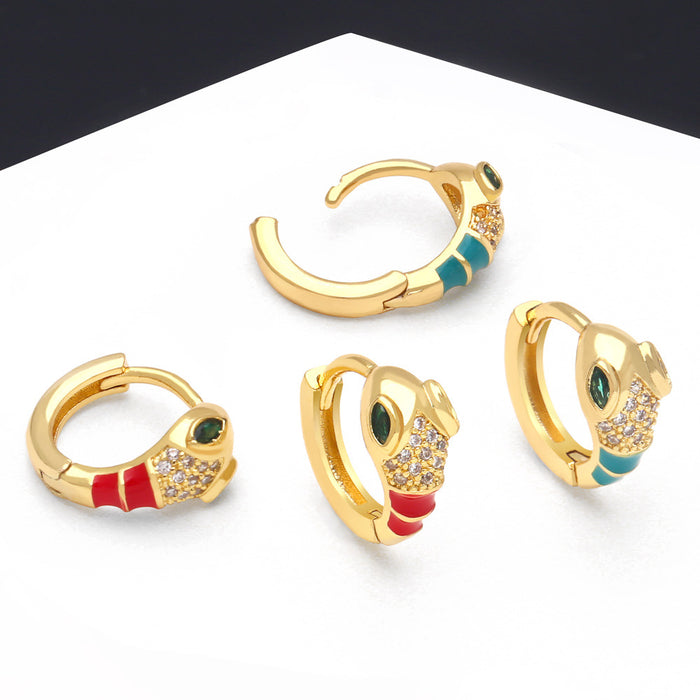 Wholesale Earrings Copper Plated 18K Gold Zircon Enamel Snake JDC-PREMAS-ES-009