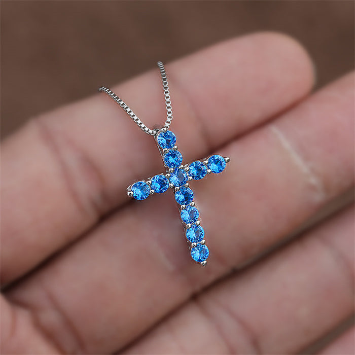 Wholesale Aqua Blue Birthstone Cross Pendant Necklace JDC-NE-ery002