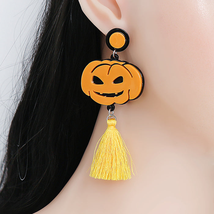 Wholesale Earrings Halloween Resin Pumpkin Tassels JDC-ES-JJ246