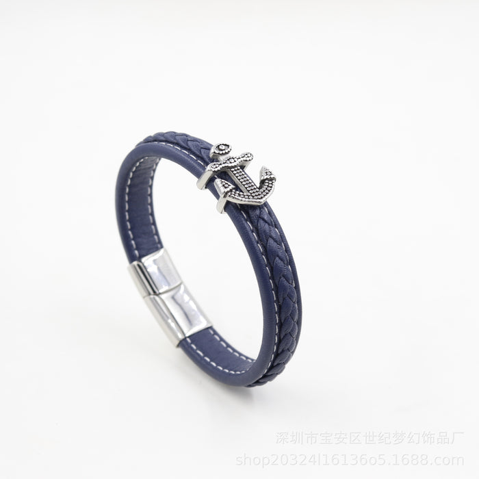 Wholesale Bracelet Stainless Steel Vintage Anchor Braided Leather Cord JDC-BT-SJMH007