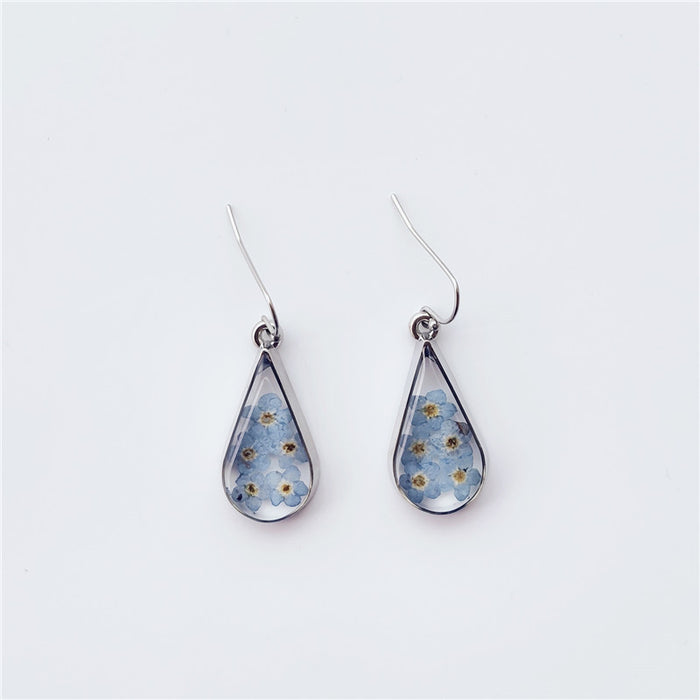 Wholesale teardrop shaped dried flower earrings blue forget me not JDC-ES-byi003