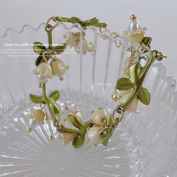Wholesale Bracelet Alloy Green Leaf White Lily of the Valley Pearls JDC-BT-QianT005