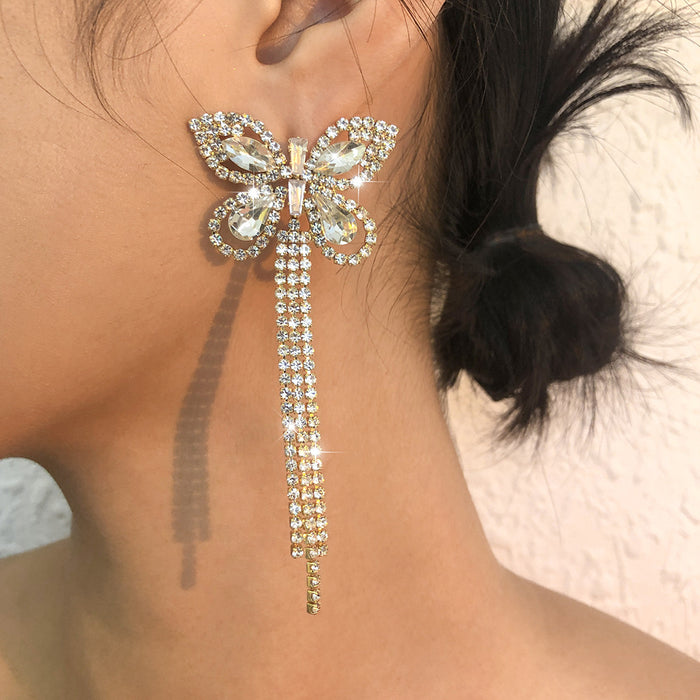 Wholesale full diamond butterfly tassel earrings JDC-ES-Qiandi005