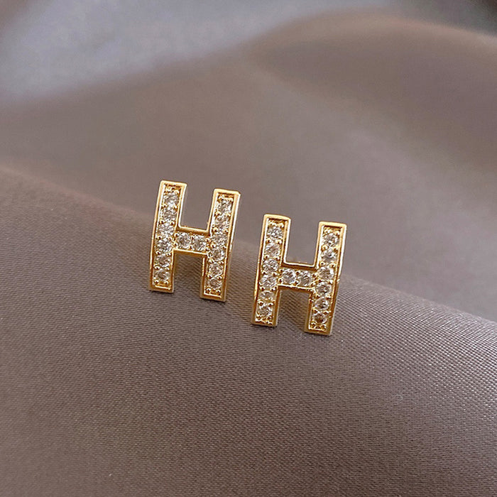 Wholesale earrings alloy full diamond H letter （F）MOQ≥2 JDC-ES-hanyi003