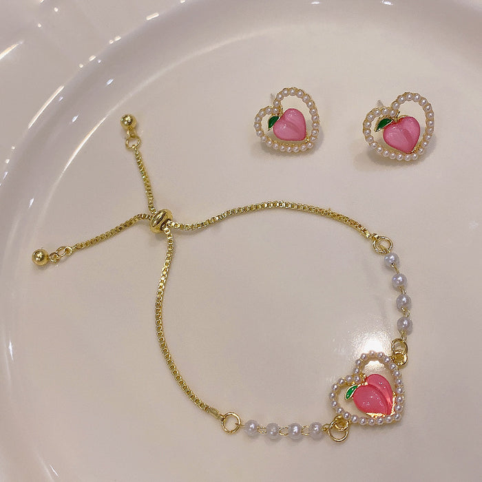 Wholesale Bracelet Alloy Peach Pull Pearl Bracelet Earring Set JDC-BT-SW009
