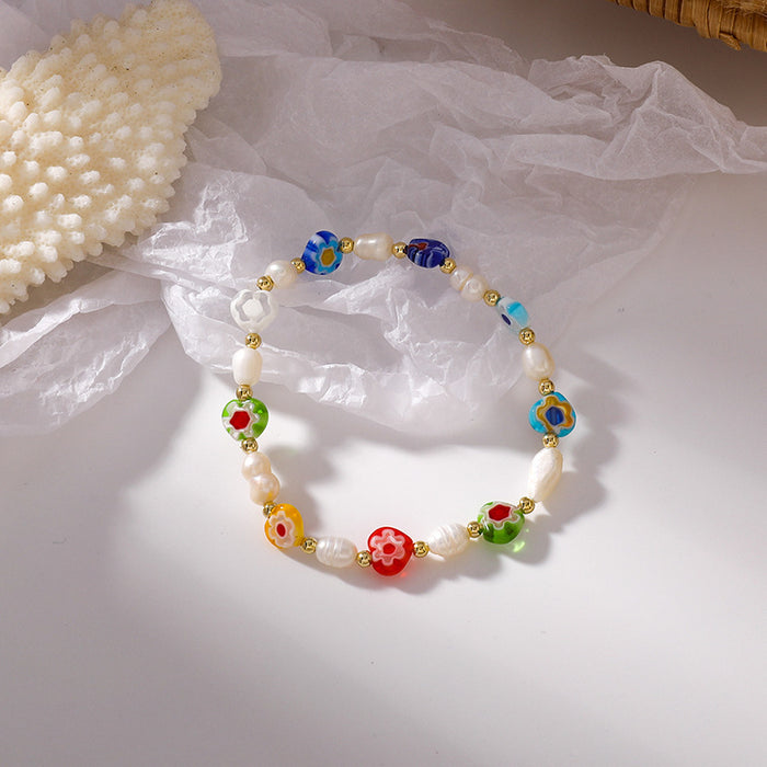 Wholesale Cute Handmade Colorful Glass Freshwater Pearl Flower Stretch Bracelet JDC-BT-ShiP004