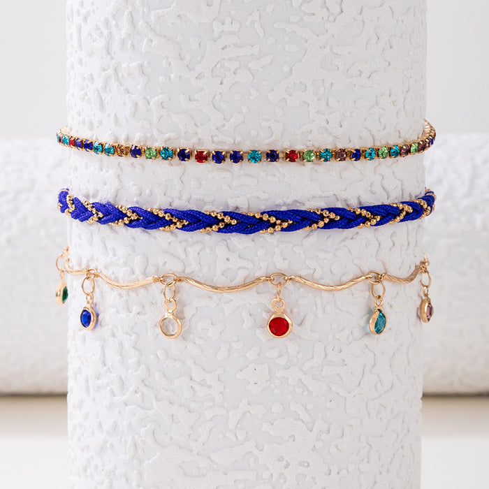 Wholesale Colored Diamond Three Layer Anklet Blue Braided Rope JDC-AS-C138