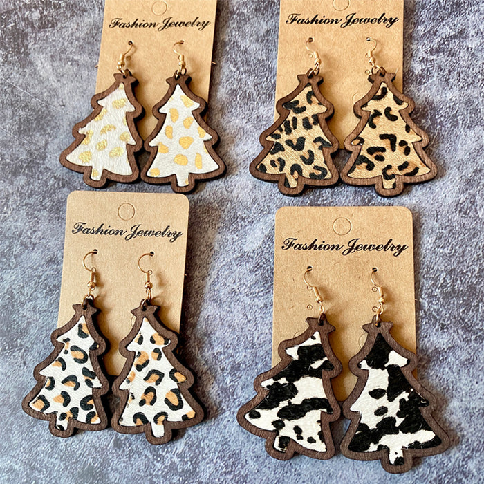 Wholesale Earrings Wooden Leopard Cow Pattern Leather Inlay MOQ≥2 JDC-ES-Qunyi023