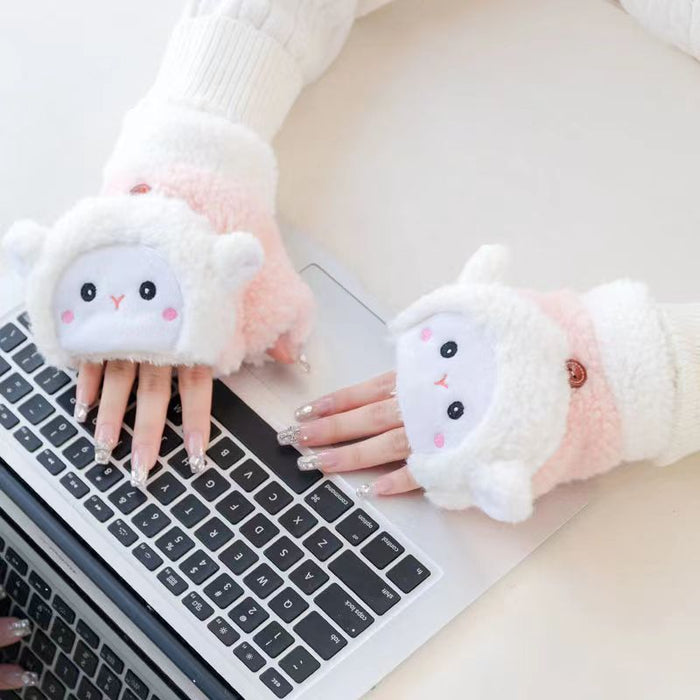 Wholesale Gloves Plush Thickening Cute Cartoon Fingerless Flip Soft Waxy Warm JDC-GS-HuanD006