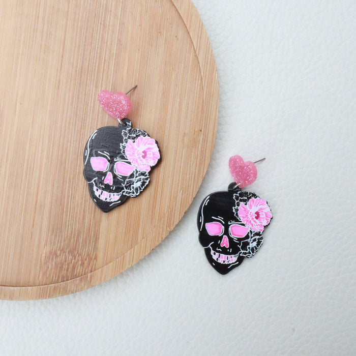Wholesale acrylic pink skull earrings carved graffiti heart MOQ≥2 JDC-ES-MOSHU009