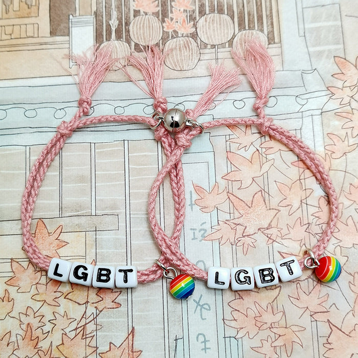 Wholesale lgbt same-sex rainbow magnet attracts letter bracelet couple bracelet pair MOQ≥2 JDC-BT-HaoL008