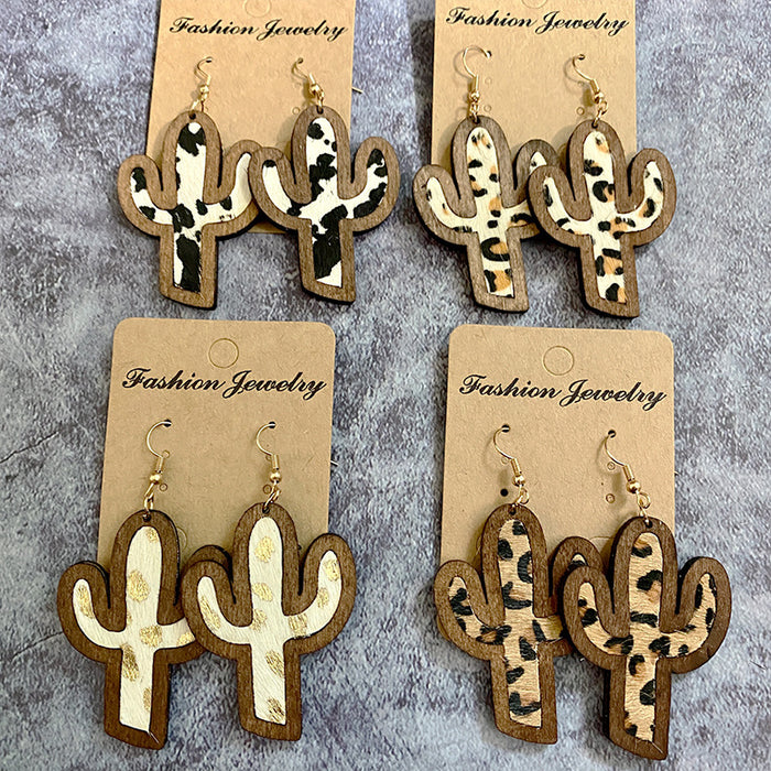 Wholesale Earrings Leather Cactus Inlaid Leopard Print Foil Stamping 2 Pairs JDC-ES-Qunyi030