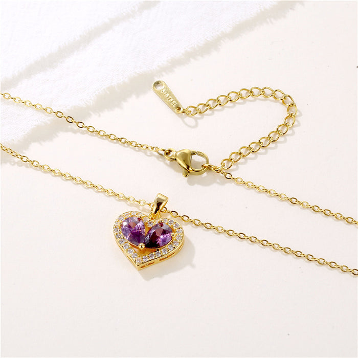 Wholesale Necklace Stainless Steel Full Diamond Amethyst Heart Shape Zircon Clavicle Chain JDC-NE-QR010