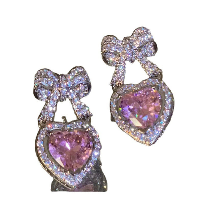 Wholesale Pink Zircon Bow Stud Earrings Big Heart JDC-ES-Xinx009