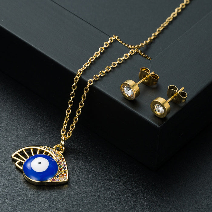 Wholesale Necklace Copper Devil's Eye Zircon Diamond Earrings Set JDC-NE-Hemin007