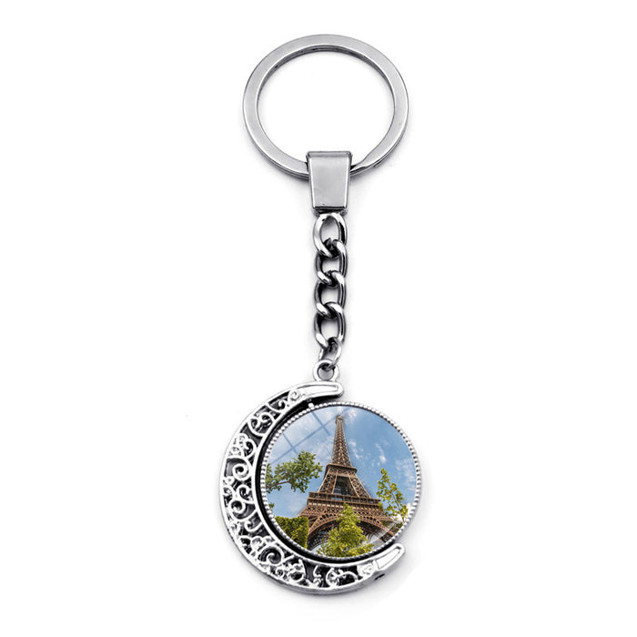 Wholesale Keychain Alloy Time Gemstone Eiffel Tower Double Sided Rotating Pendant Ornament JDC-KC-JiaY012