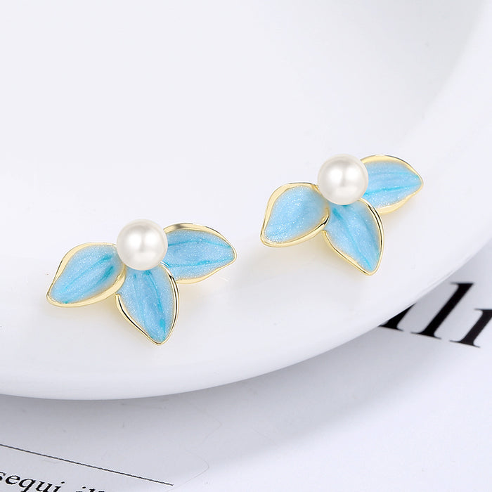 Wholesale Earrings Copper Smudge Epoxy Blue Synthetic Pearl Petals JDC-ES-XZS010