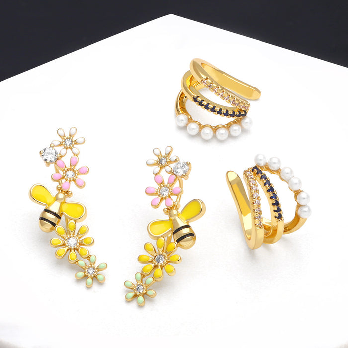 Pendientes al por mayor de cobre plateado de 18 km de oro de oro clips de orejas de flores de abejas jdc-primas-es-019