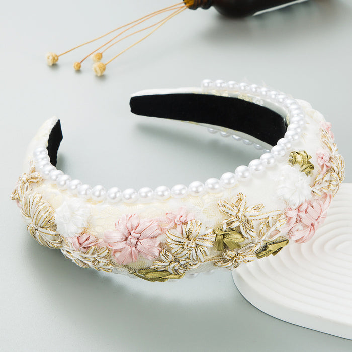 Wholesale Headband Fabric Sponge Pearl Braided Flowers MOQ≥2 JDC-HD-Hemin030