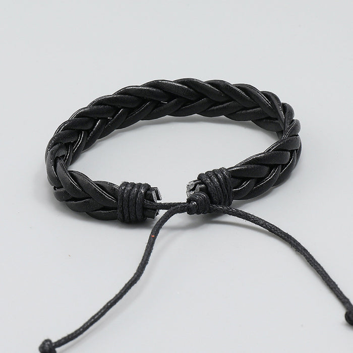 Wholesale Simple Hand Braided Black Three Strand Braided Leather Bracelet JDC-BT-PK023