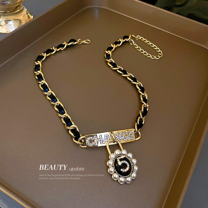 Wholesale Diamond Pearl Number Leather Braided Necklace JDC-NE-BY074