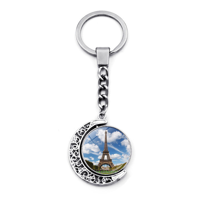 Wholesale Keychain Alloy Time Gemstone Eiffel Tower Double Sided Rotating Pendant Ornament JDC-KC-JiaY012