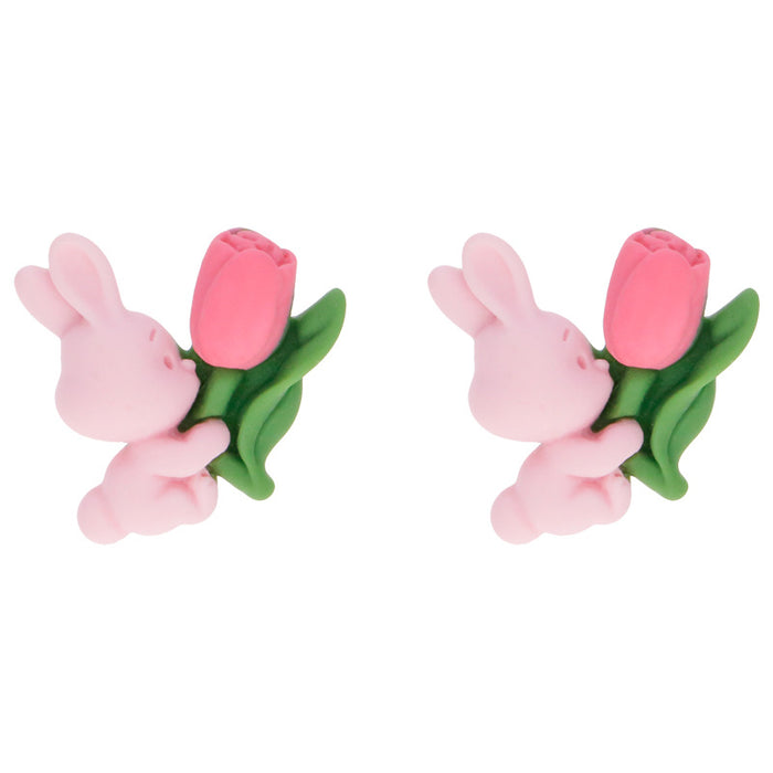 Pendientes al por mayor Cartoon Rabbit rosa y aretes de tulipán JDC-ES-TQL014