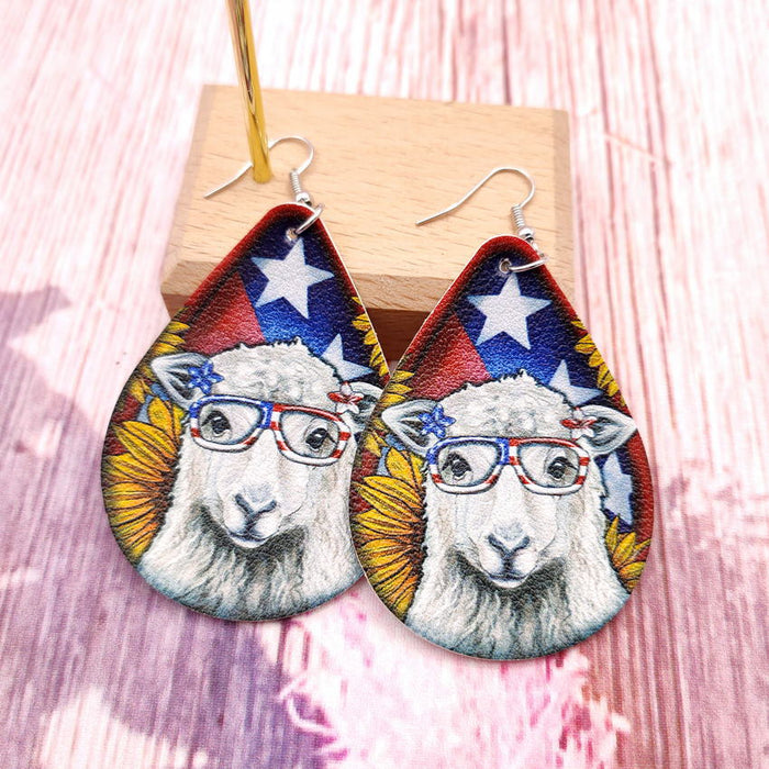 Wholesale US National Day Stars and Stripes Sunflower Eyes Animal Leather Earrings JDC-ES-KDL002