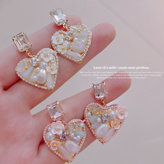 Wholesale Shell Flower Pearl Crystal Silver Needle Heart Alloy Earrings JDC-ES-Qiant011