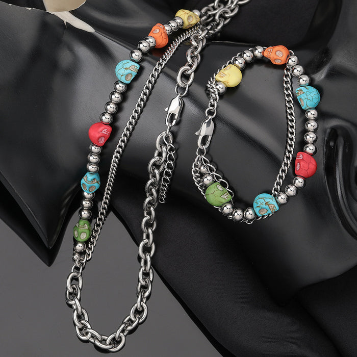 Wholesale Bracelet Alloy Color Turquoise Skull Stainless Steel Pearl JDC-BT-DaW002