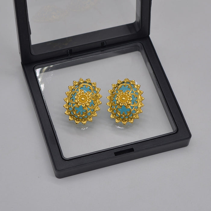 Wholesale Earrings Vintage Oval Metal Inlaid Sapphire Fall Winter MOQ≥2 JDC-ES-PREMNT005