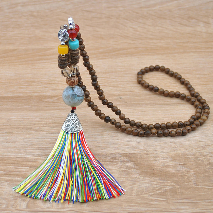 Wholesale Necklace Wooden Beads Vintage Tassel Handmade Beaded Sweater Chain JDC-NE-YouF019