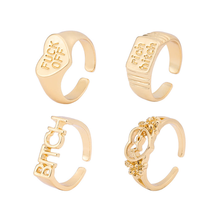 Wholesale Ring Alloy Heart Vintage Letter Hollow Peach Heart Four Piece Set JDC-RS-YiD004