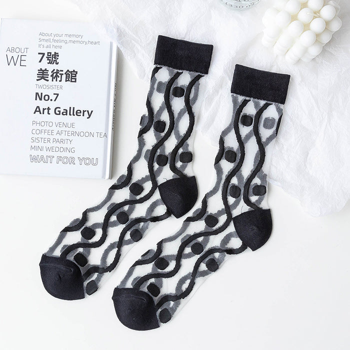 Calcetines transparentes al algodón al por mayor estampado de leopar en blanco y negro a cuadros a cuadros de seda JDC-SK-MZX009